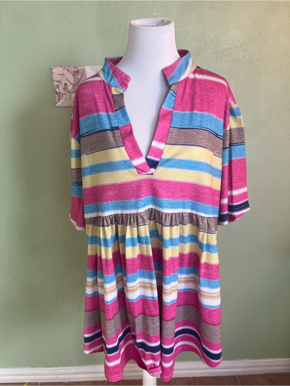 Striped Pink & Blue V-Neck Tunic Top